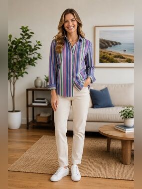 NWT Chaps ($49.50USD) Stripe Blue/Green/Pink Button Down LS Shirt